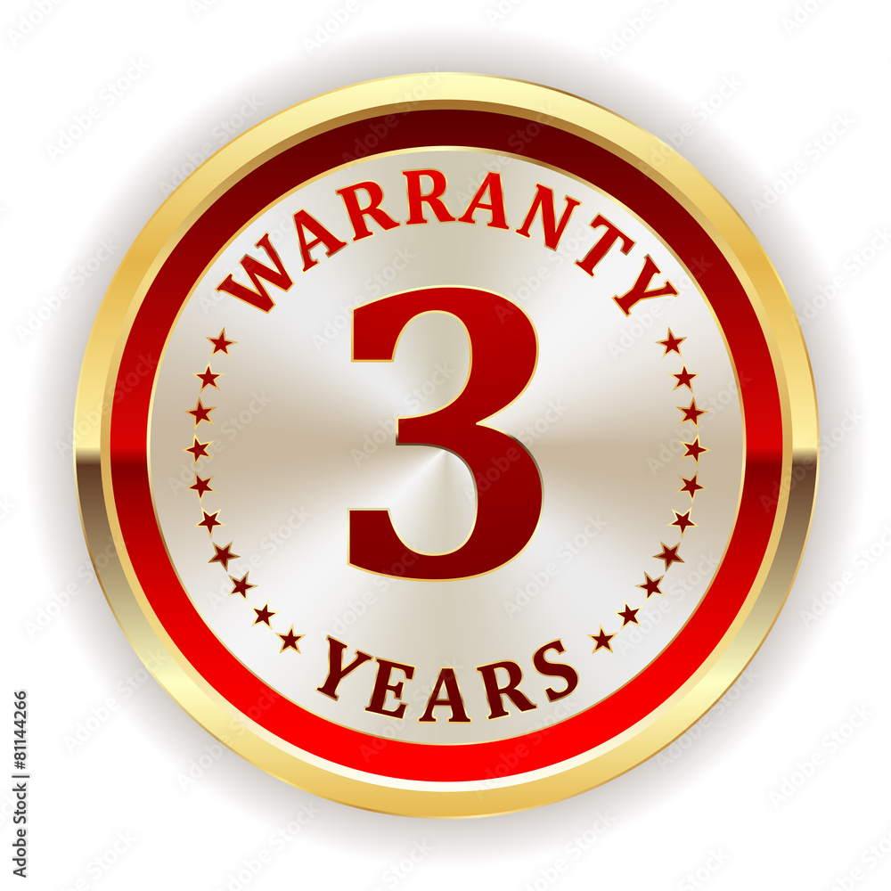 Gold three year warranty badge on white background Gold three year warranty badge on white background