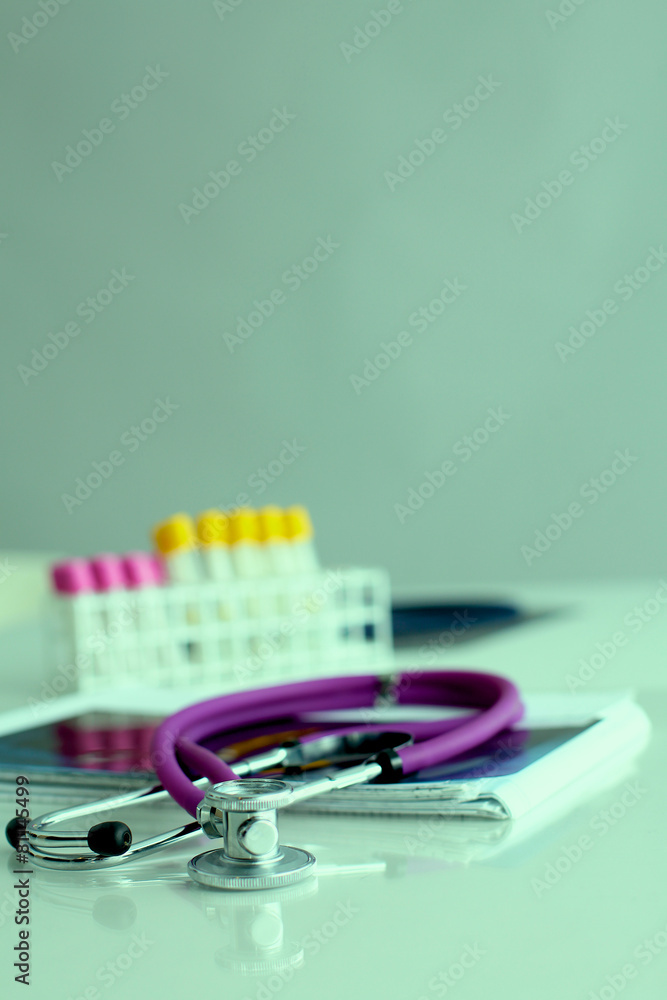 Medical document ,test tube and stethoscope Medical document ,test tube and stethoscope