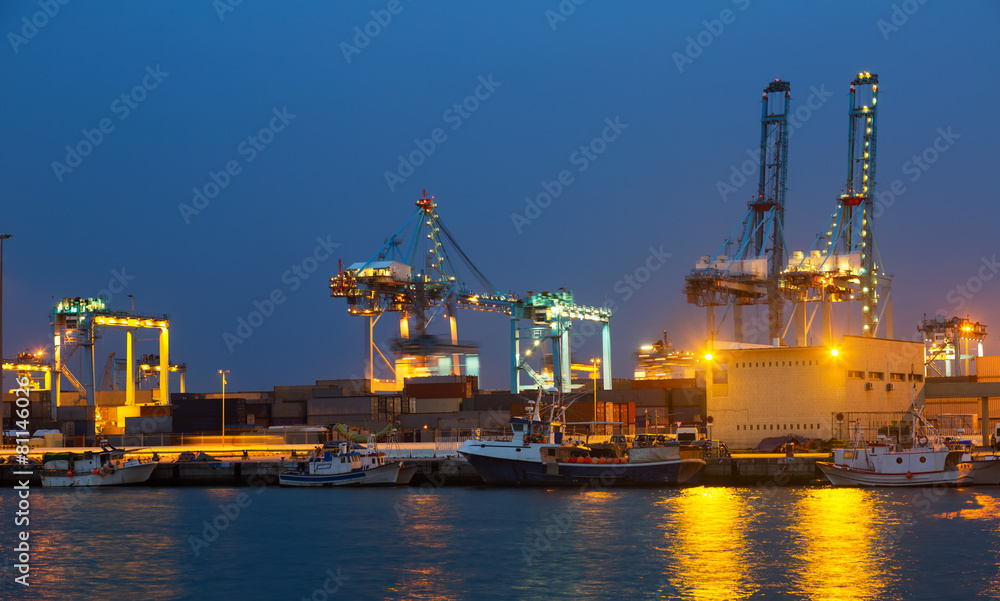 Fototapeta premium night view of cranes in seaport. Algeciras