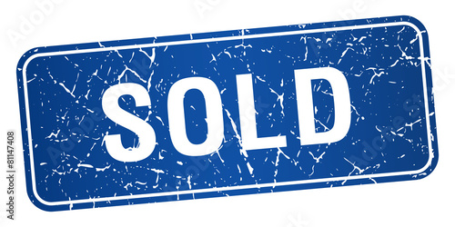 sold blue square grunge textured isolated stamp