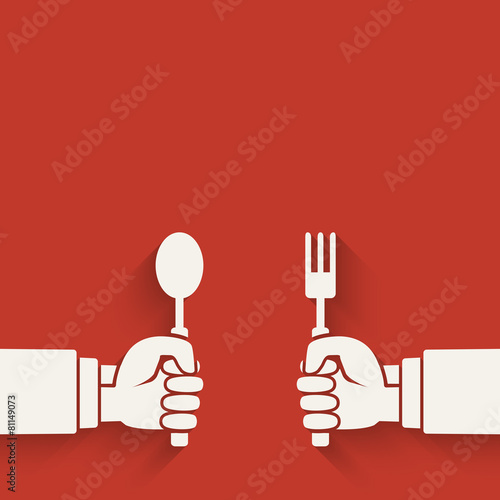 Menu red background. Hands with fork and spoon