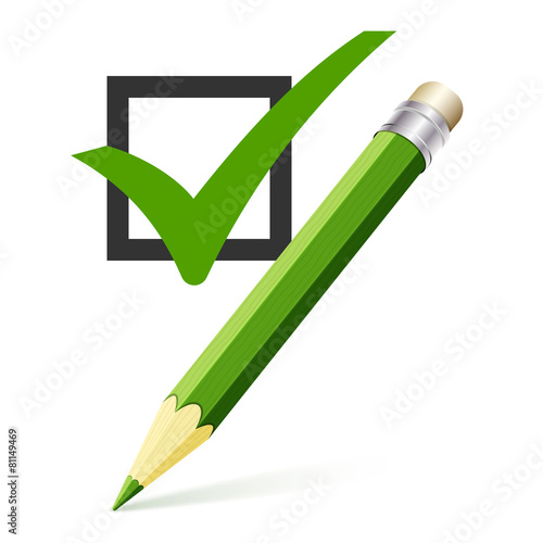 Vector illustration of a check mark with pencil on a white backg