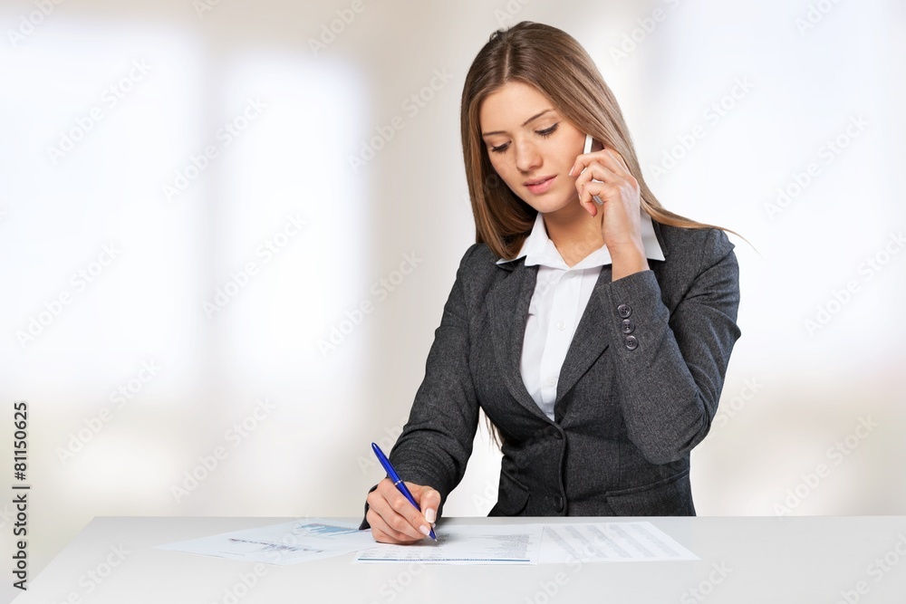 Arrow. Business woman sitting at white table with hand drawn Arrow. Business woman sitting at white table with hand drawn