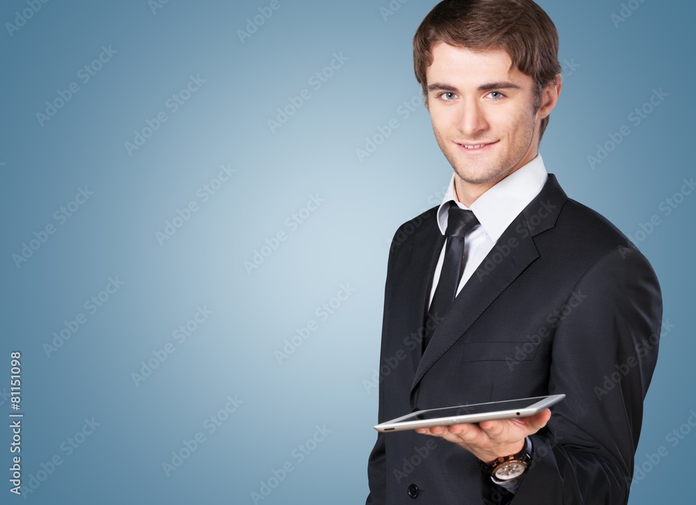 Man. Image of businessman holding ipad. Collage drawings Man. Image of businessman holding ipad. Collage drawings