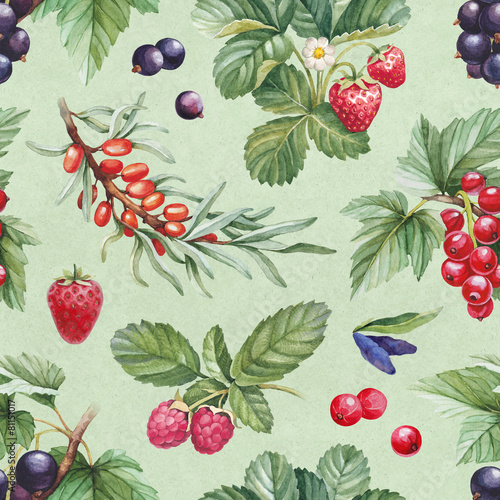 Seamless pattern with watercolor illustrations of berries
