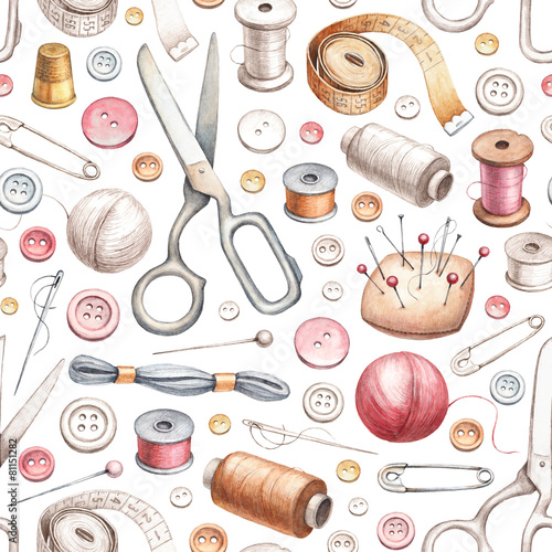 Seamless pattern with illustrations of sewing tools photo