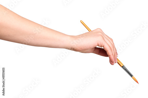 hand draws a brush on an isolated white background