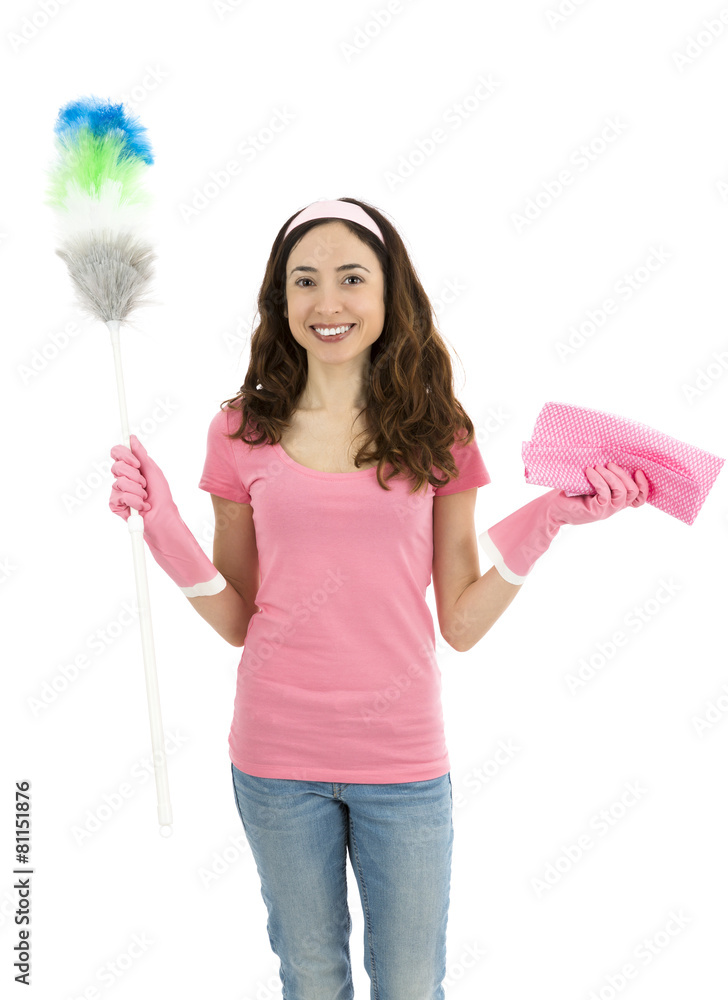 Cleaning woman standing with cleaning tools in her hand Cleaning woman standing with cleaning tools in her hand