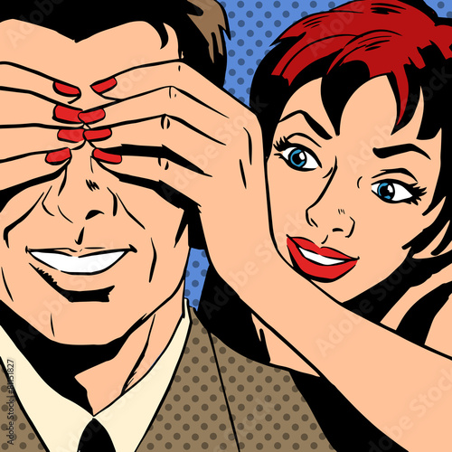 man and woman talking comics retro style