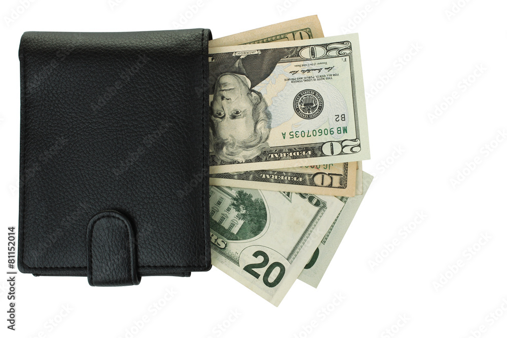 Black wallet with money and cards on white background Black wallet with money and cards on white background
