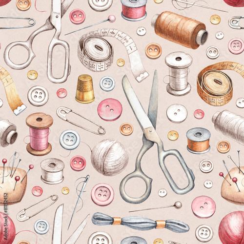 Seamless pattern with illustrations of sewing tools