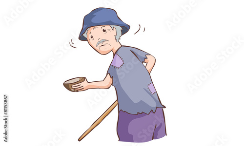 old beggar hold coconut shell and cane in ragged cloth vector