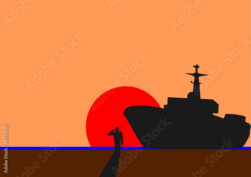cartoon image stand and salute with warship