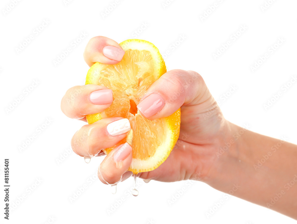 Εκτύπωση καμβά Female hand squeezing lemon isolated on white
