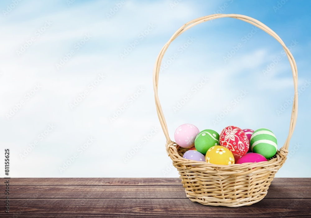 Brown. Easter eggs and basket isolated