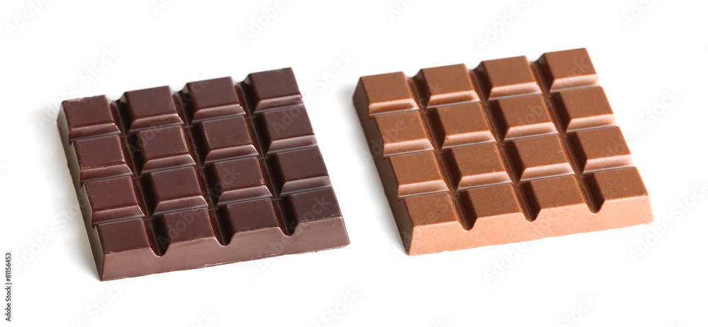 Milk and black chocolate bars isolated on white