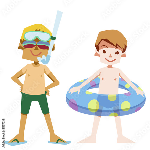夏の水着のダイビング少年たち