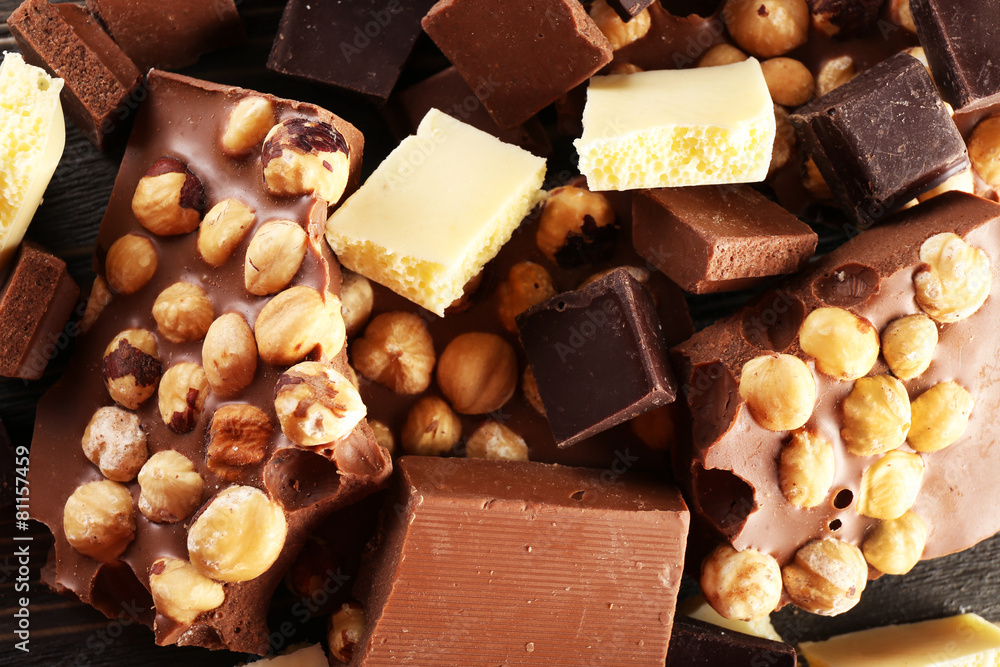 Set of chocolate with hazelnut, closeup Set of chocolate with hazelnut, closeup