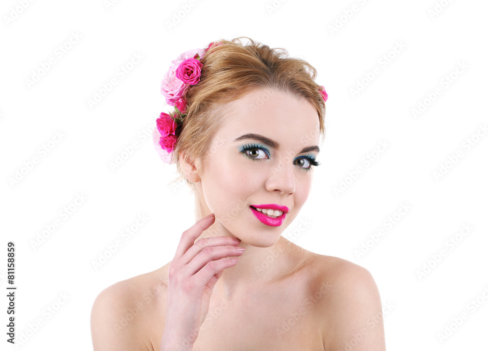 Portrait of young woman with flowers in hair isolated on white Portrait of young woman with flowers in hair isolated on white