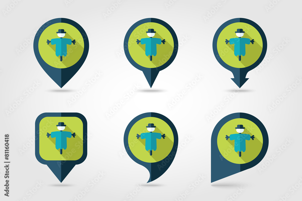 Scarecrow flat mapping pin icon with long shadow Scarecrow flat mapping pin icon with long shadow
