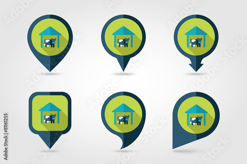 Cowshed flat mapping pin icon with long shadow