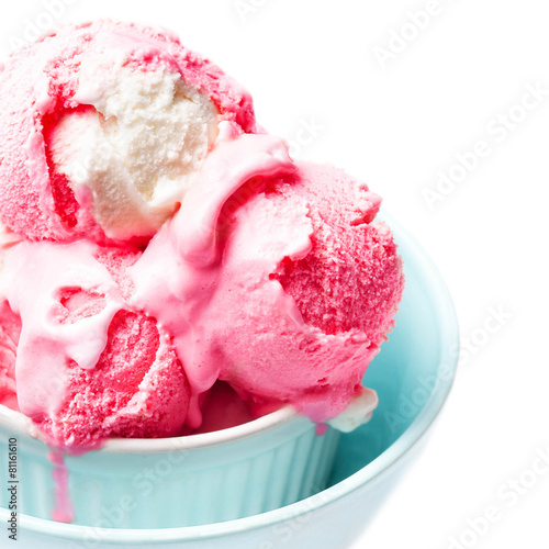 ice cream in blue bowl isolated on white background. Scoop of Wh photo