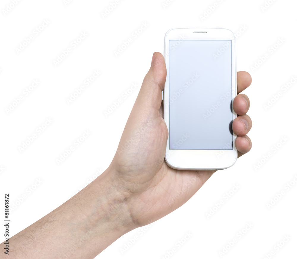 white smartphone in man's hand white background white smartphone in man's hand white background