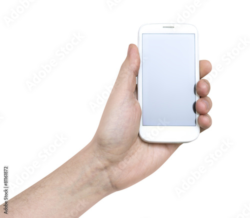 white smartphone in man's hand white background