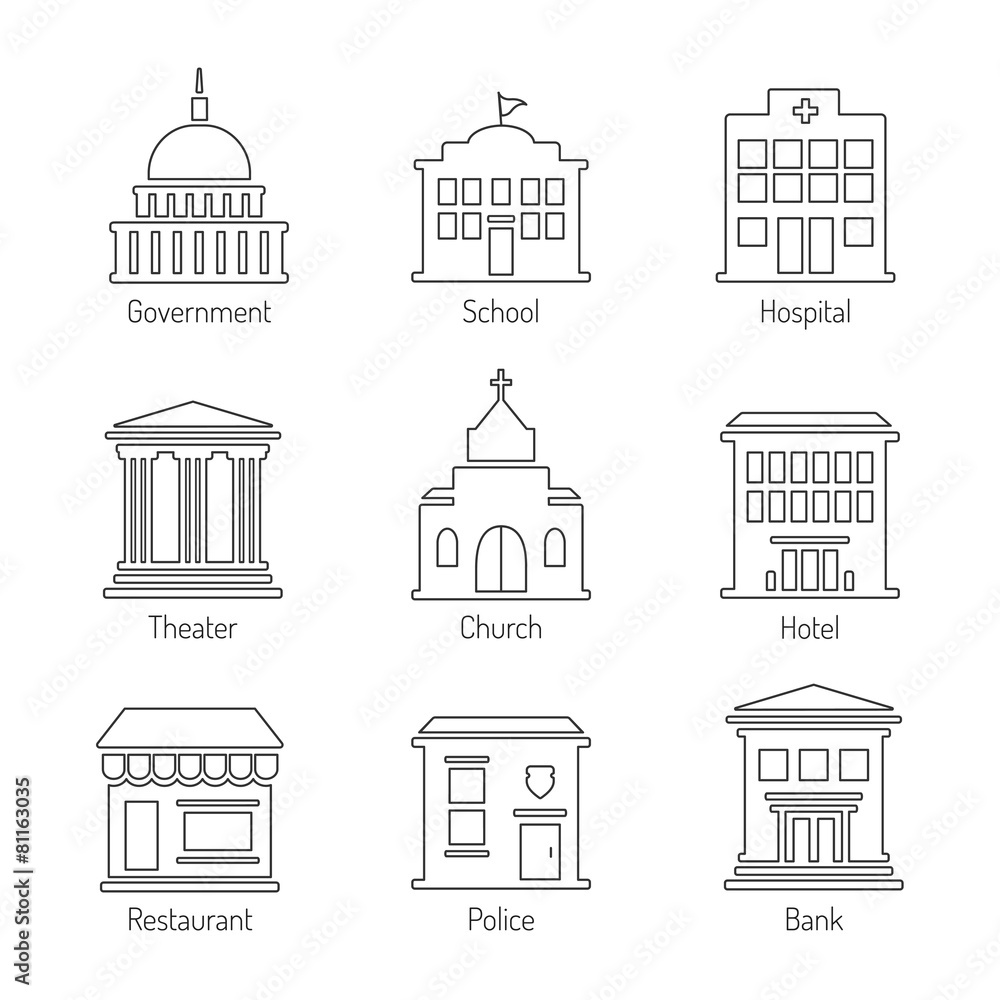 Government building outline icons set