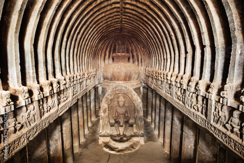 Ellora Cave with Buddha statue inside in Maharashtra, India