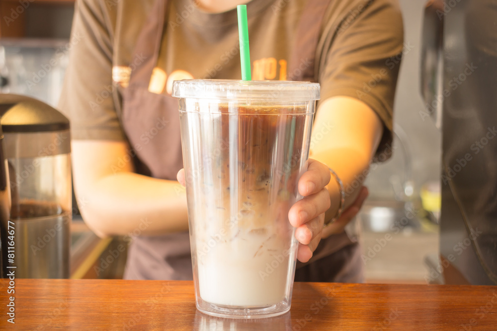 Double wall glass of iced coffee latte