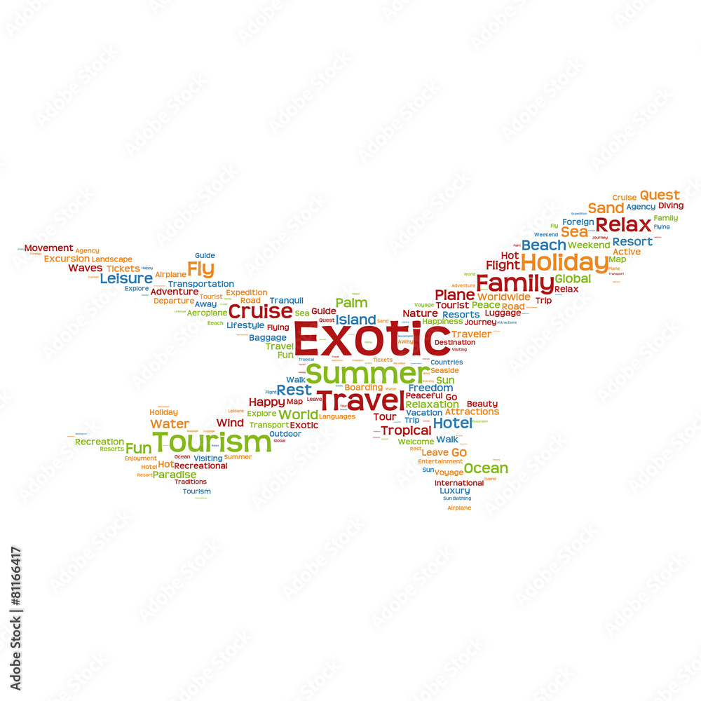 Vector conceptual exotic travel or tourism plane word cloud