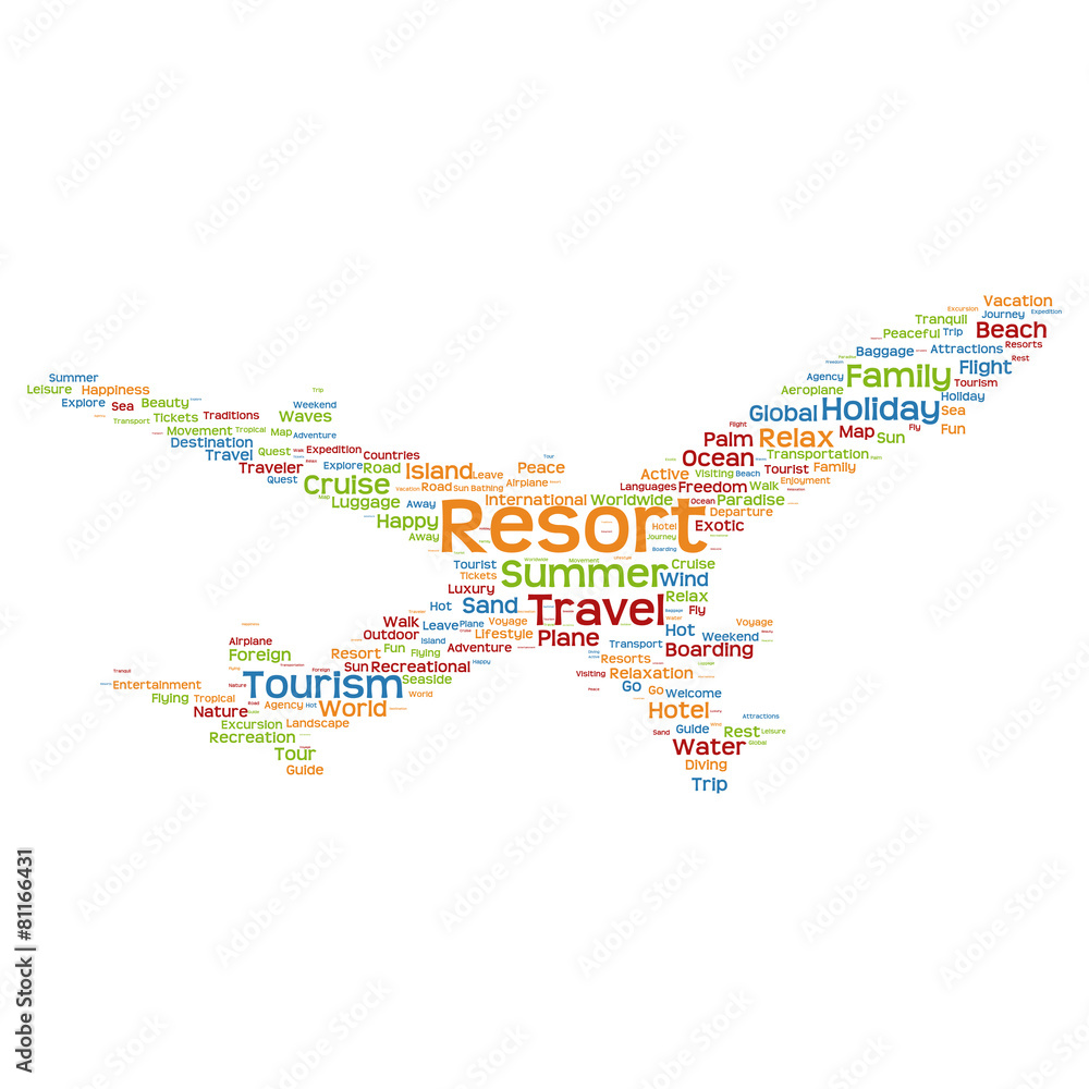 Vector conceptual resort travel or tourism plane word cloud