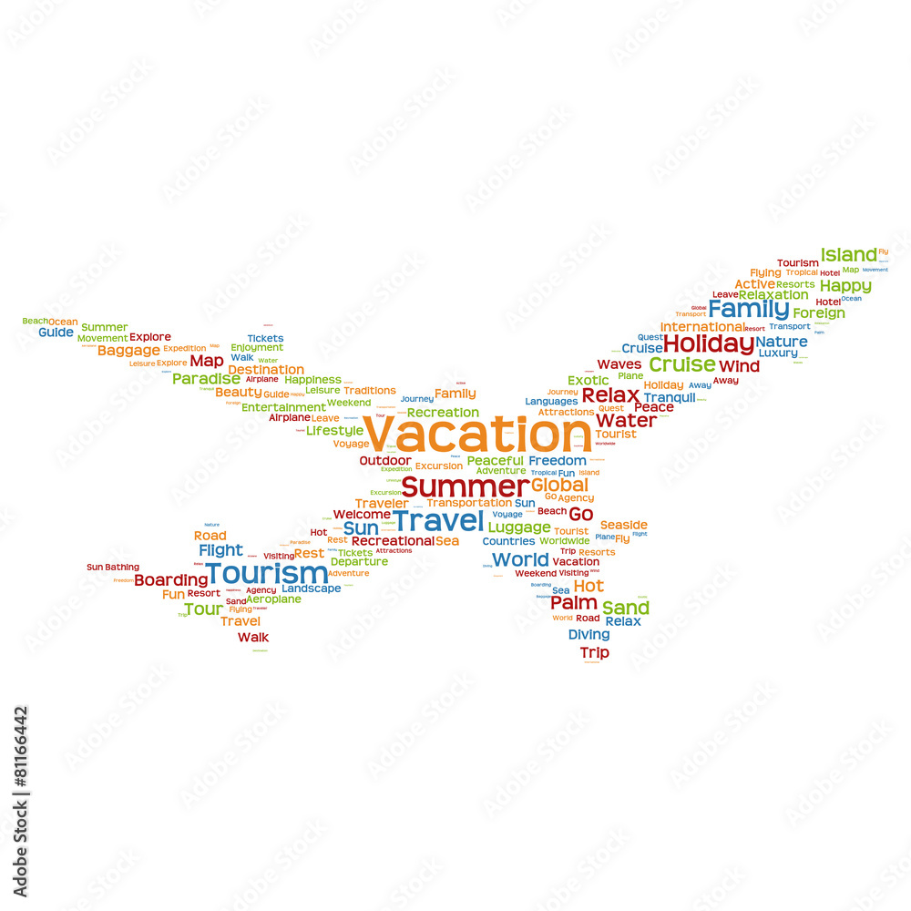 Vector conceptual vacantion travel or tourism plane word cloud