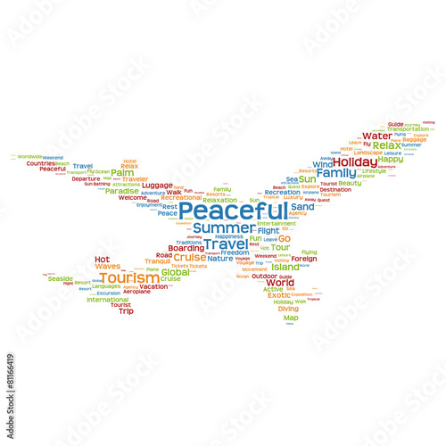 Vector conceptual peaceful travel or tourism plane word cloud