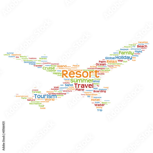 Vector conceptual resort travel or tourism plane word cloud