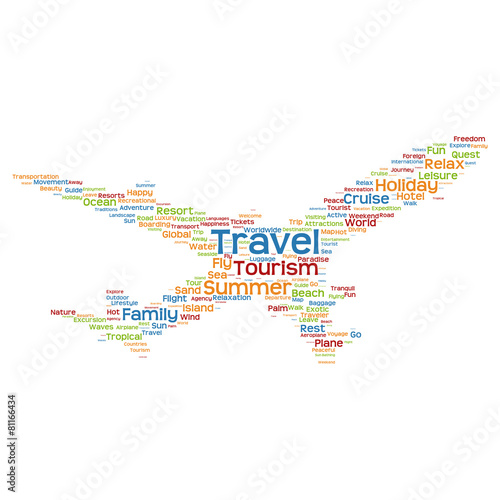 Vector conceptual travel or tourism plane word cloud