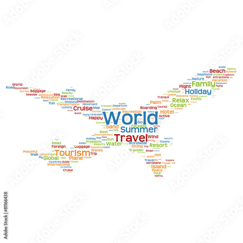 Vector conceptual world travel or tourism plane word cloud