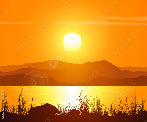 Landscape with sunset at the seashore.