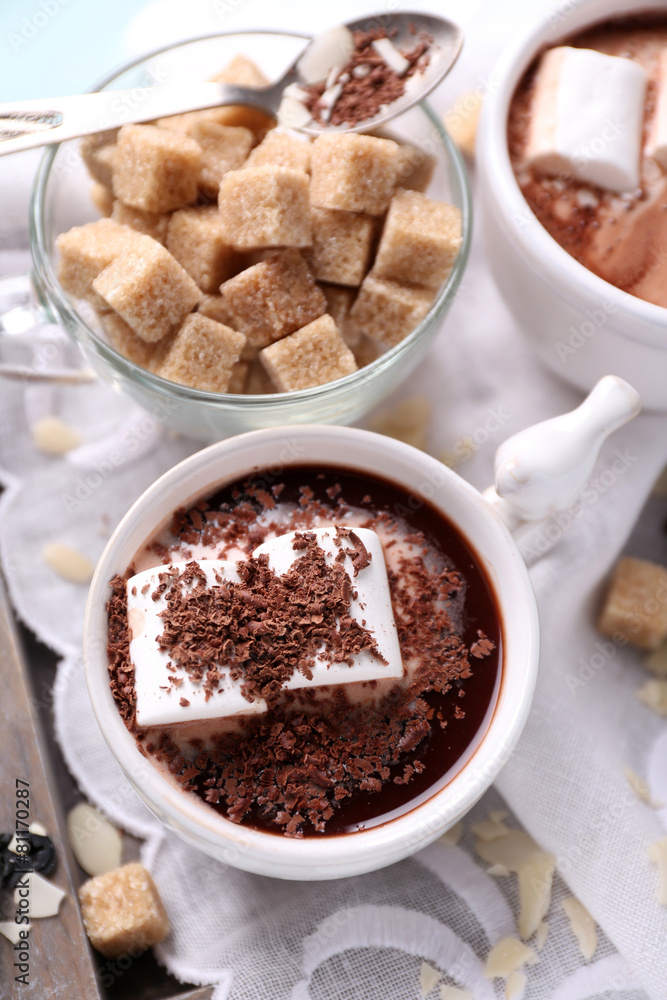 Hot chocolate with marshmallows in mug,