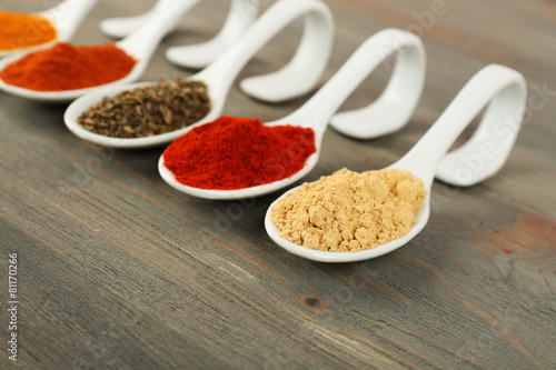 Different kinds of spices in spoons on wooden background