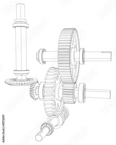 Gears with bearings and shafts. Vector
