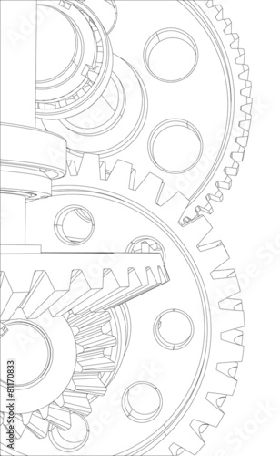 Wire-frame gears with bearings and shafts. Close-up. Vector