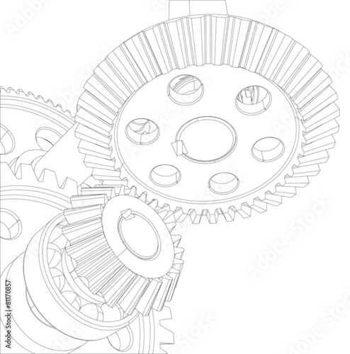 Gears with bearings and shafts. Close-up. Vector