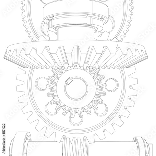 Gears with bearings and shafts. Close-up. Vector