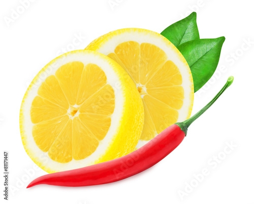 Juicy yellow lemon with a red chilli pepper isolated