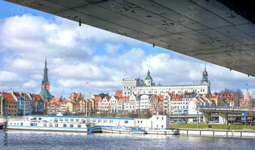 Panoramic view of Szczecin waterfront onder the bridge, Poland.