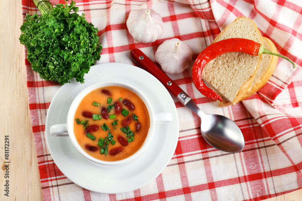 Bean soup in bowl with fresh sliced bread Bean soup in bowl with fresh sliced bread