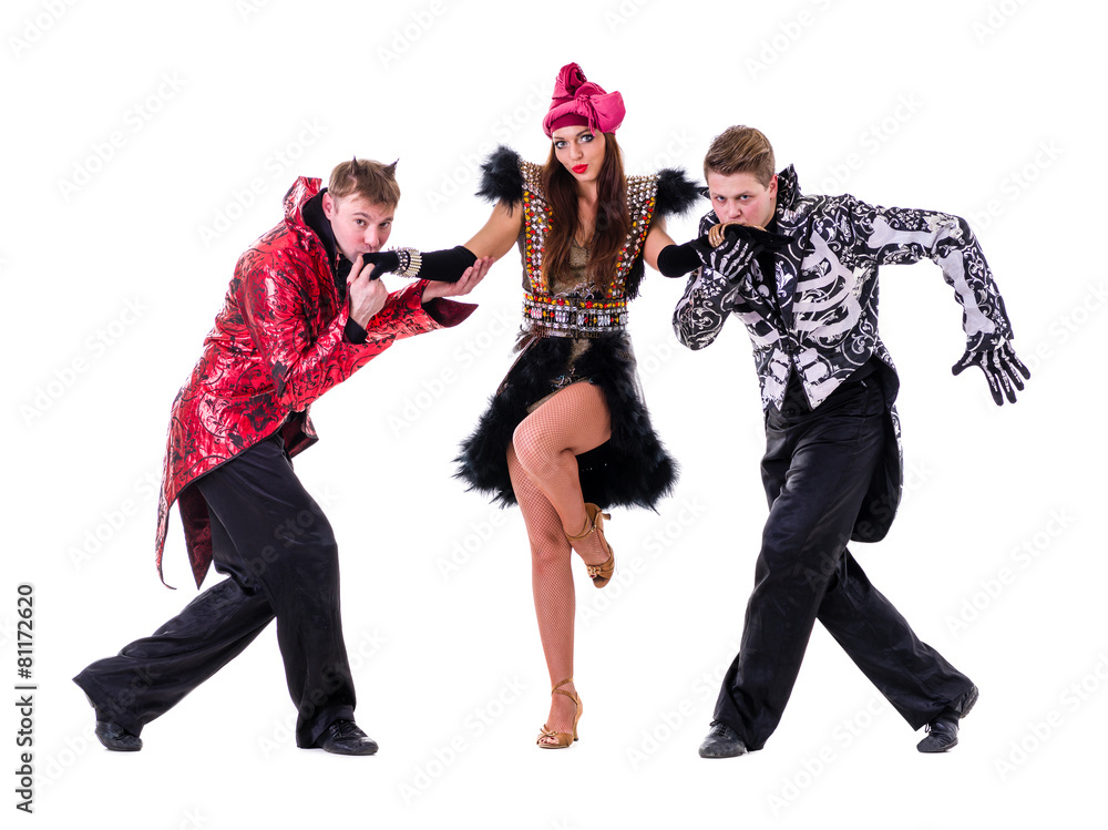 Fototapeta premium dancer team wearing carnival costumes dancing