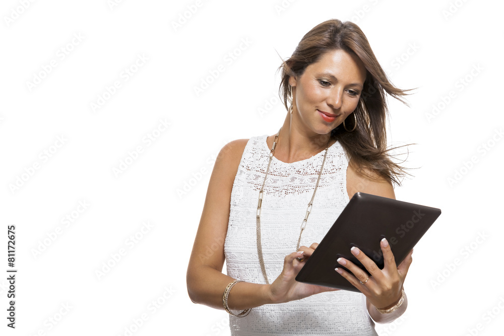 Attractive young business woman chatting with tablet Attractive young business woman chatting with tablet